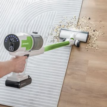 Пылесос вертикальный акк. Greenworks SV24532, 24V, б/щет, 350 Вт, 21 кПа, электрощетка, 3 насадки, LED, белый+зеленый