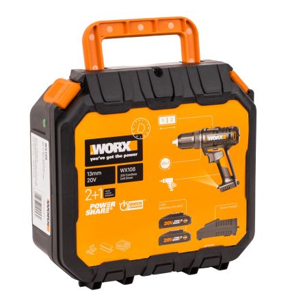 Дрель-шуруповерт аккумуляторная WORX WX108, 50Нм, 20В, 2Ач x2, ЗУ 2А, кейс