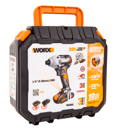 Винтоверт WORX WX261.9 аккумуляторный 20V, 230Нм, 2 аккумулятора по 2 Ач + зарядное устройство, в кейсе